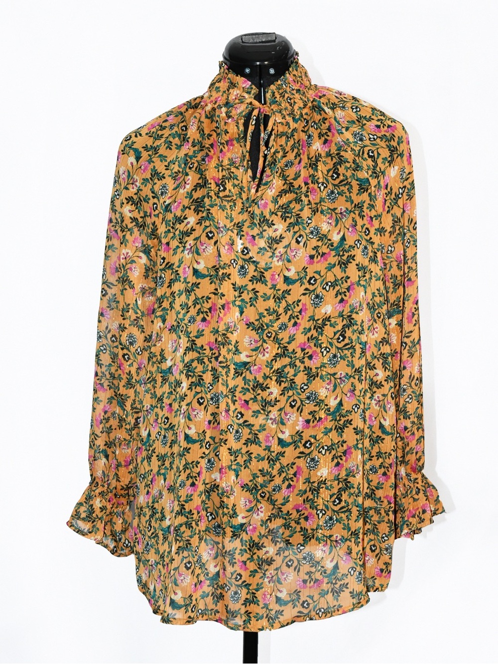 Mustard Floral Ruffle-Neck Blouse